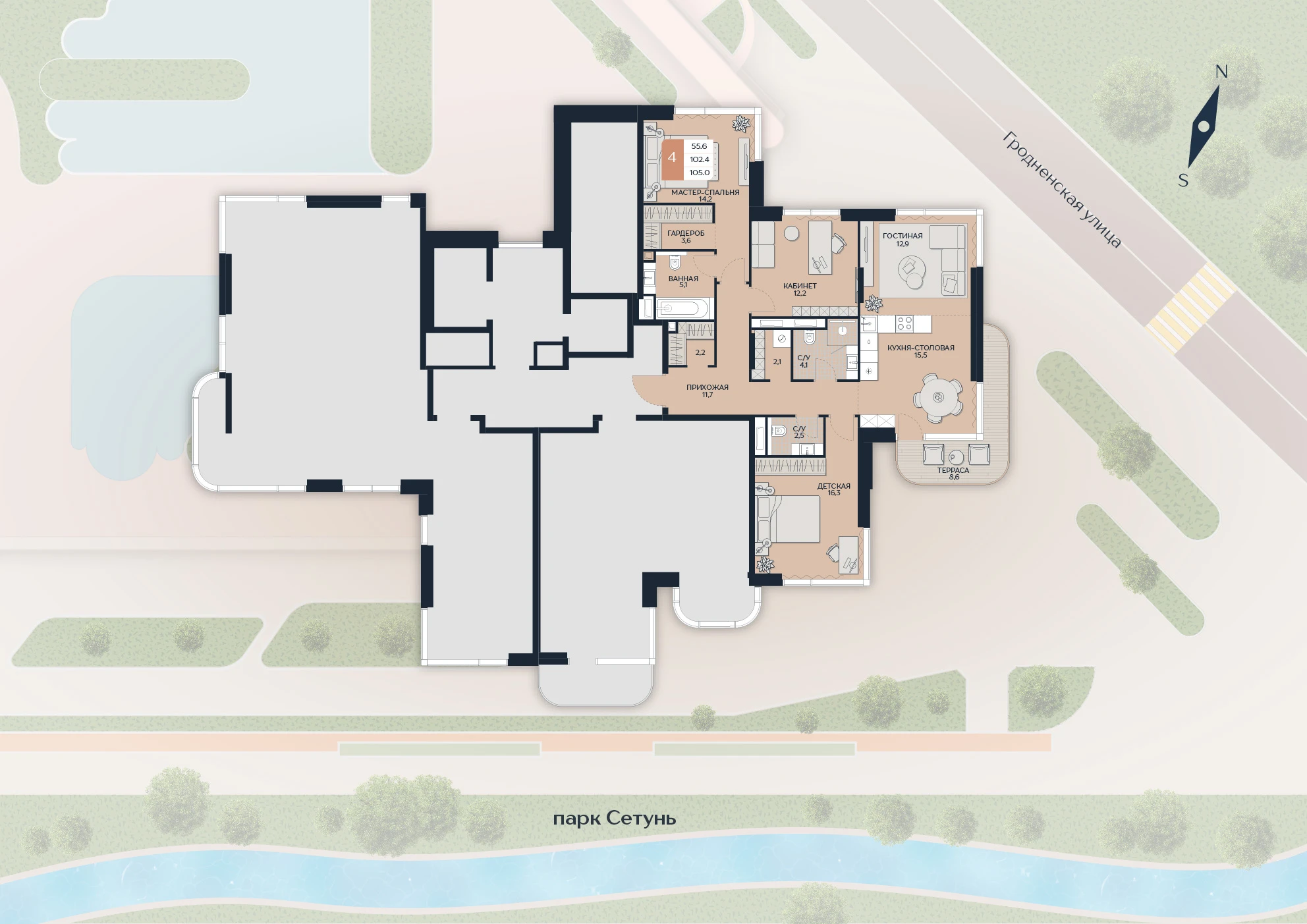 Расположение квартиры 74 на плане здания