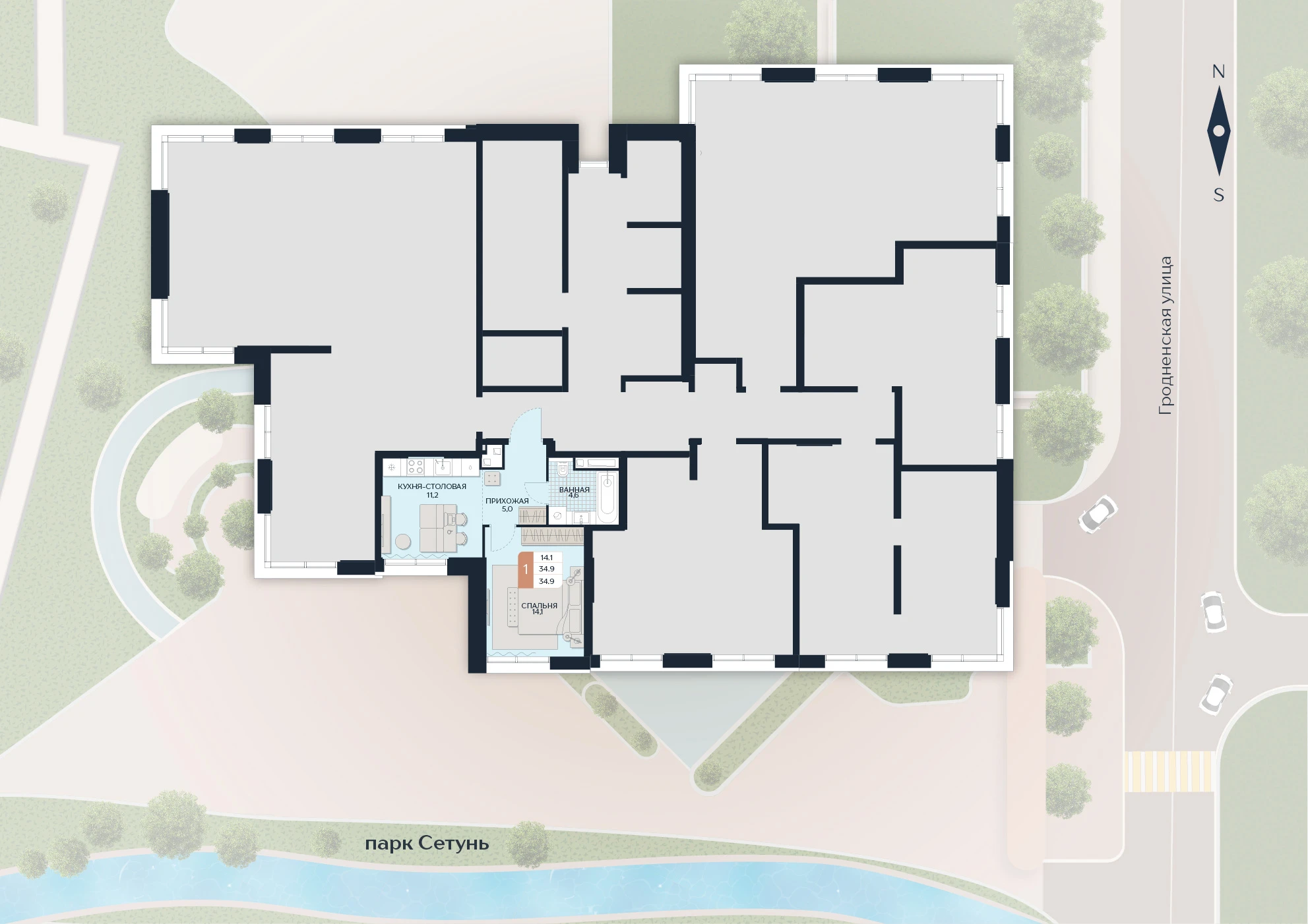 Расположение квартиры 100 на плане здания