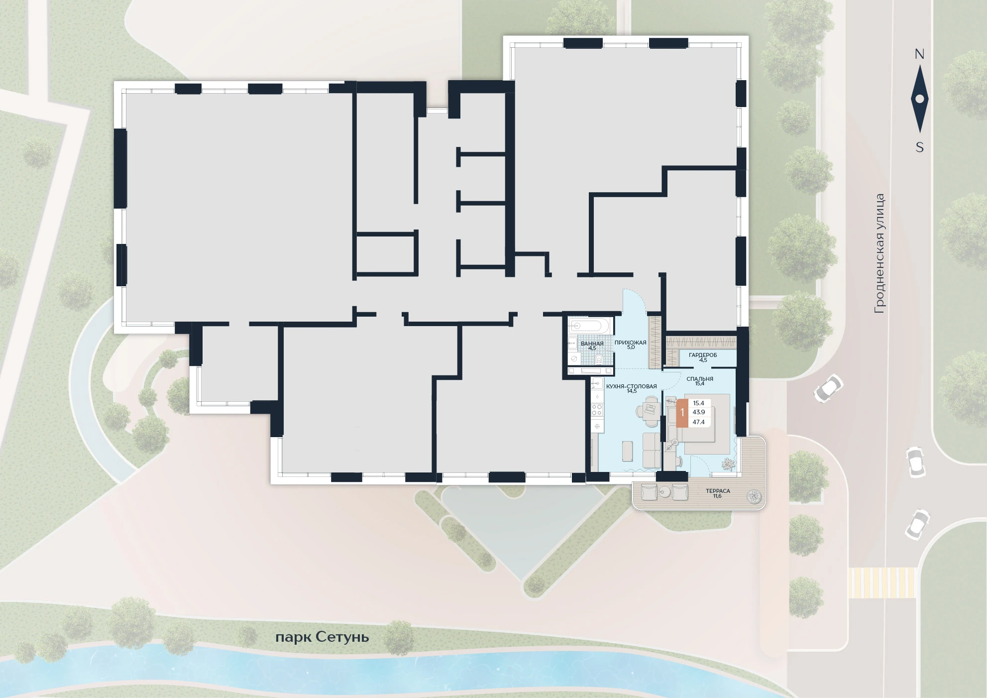 Расположение квартиры 164 на плане здания